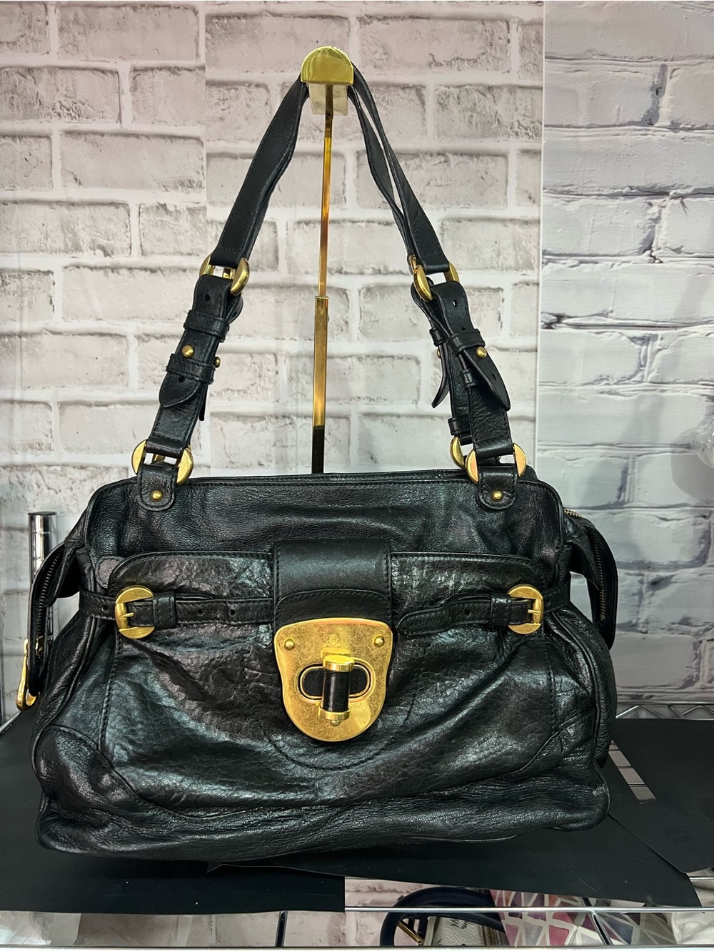 ALEXANDER McQueen Black Leather Shoulder Bag with Gold Turn-Lock Accent